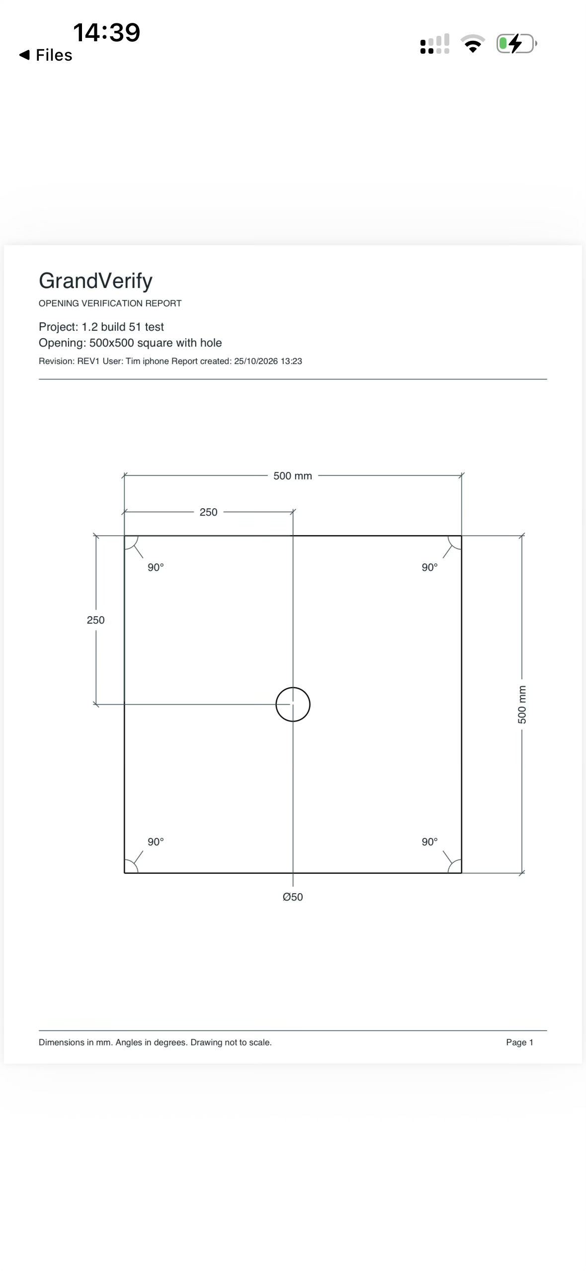 A GrandVerify PDF report with dimensions, angles, revision and centre-hole details