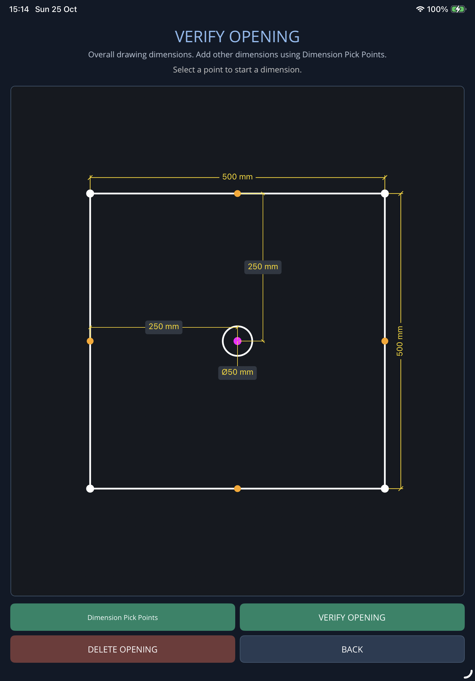 GrandVerify on iPad showing a 500 mm drawing with a centre hole and verification dimensions